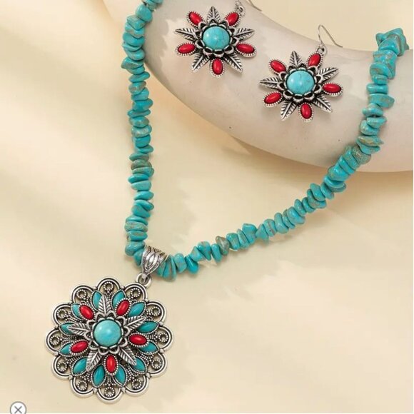 Imitation Turquoise & Coral Red Floral Jewelry Set - Necklace & Earrings - Boho - Picture 2 of 3